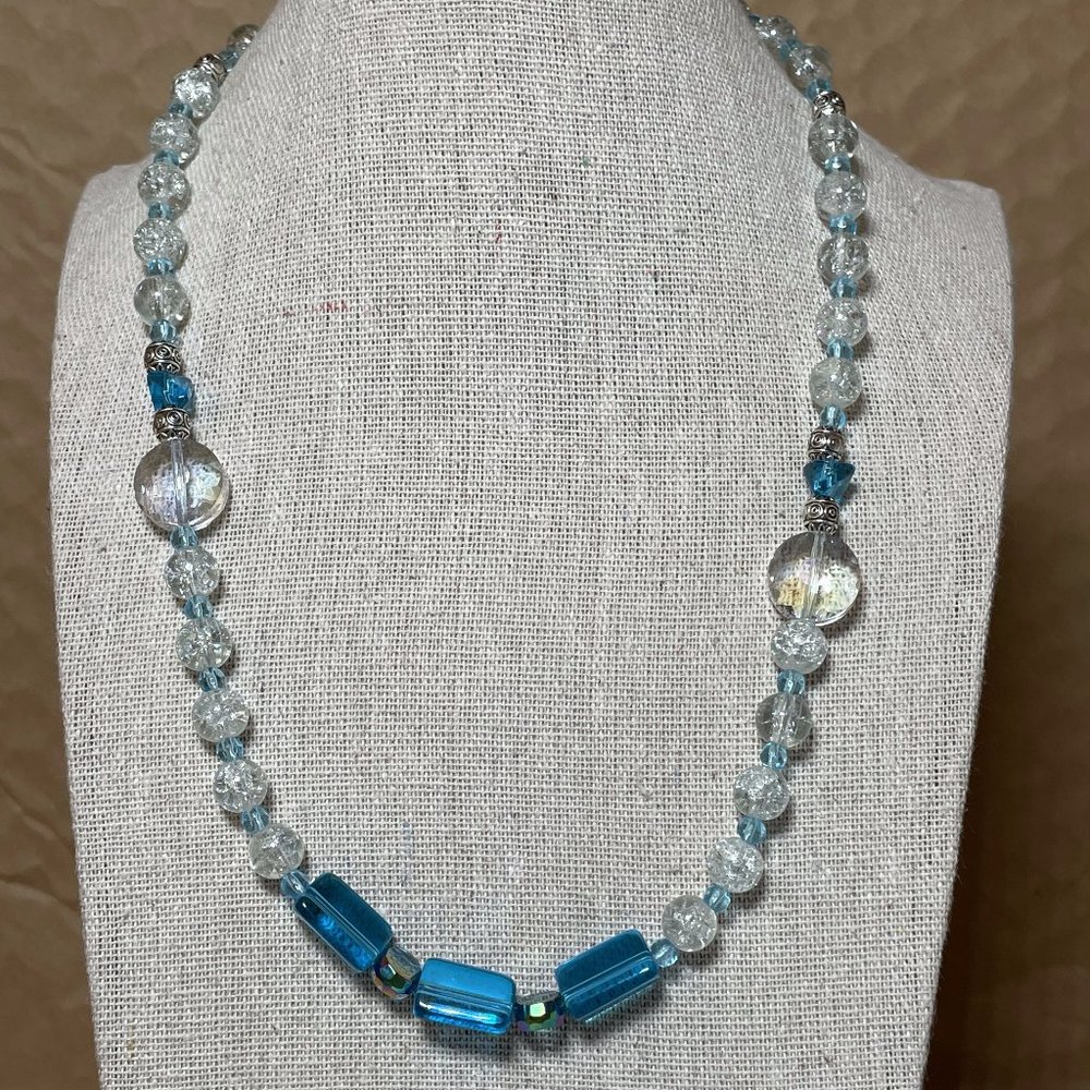 Boho Artisan Handmade Clear Blue Glass Beaded Choker Necklace 16.5” L NEW